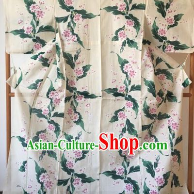 Japanese Traditional Costume Geisha Printing Green Leaf Furisode Kimono Asian Japan Yukata Dress for Women