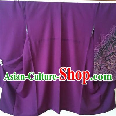 Japanese Traditional Costume Geisha Printing Purple Furisode Kimono Asian Japan Yukata Dress for Women
