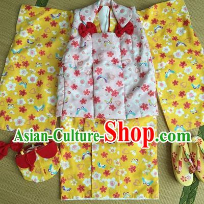 Japanese Traditional Handmade Yellow Kimono Dress Asian Japan Girls Yukata Costume for Kids