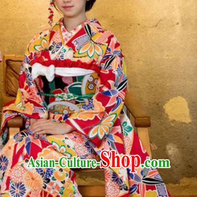 Japanese Traditional Costume Okuni Printing Furisode Kimono Asian Japan Geisha Yukata Dress for Women
