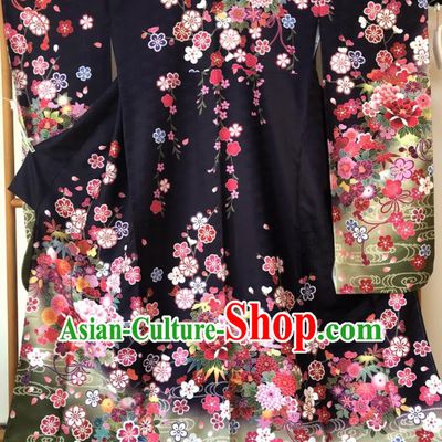 Japanese Traditional Costume Okuni Printing Sakura Peony Black Furisode Kimono Asian Japan Geisha Yukata Dress for Women
