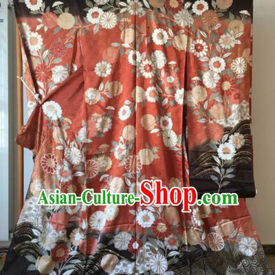 Japanese Traditional Costume Okuni Printing Sunflower Red Furisode Kimono Asian Japan Geisha Yukata Dress for Women