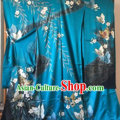 Japanese Traditional Costume Okuni Printing Butterfly Blue Furisode Kimono Asian Japan Geisha Yukata Dress for Women