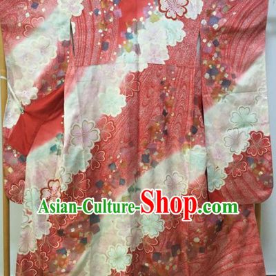 Japanese Traditional Wedding Red Furisode Kimono Asian Japan Geisha Yukata Dress Costume for Women