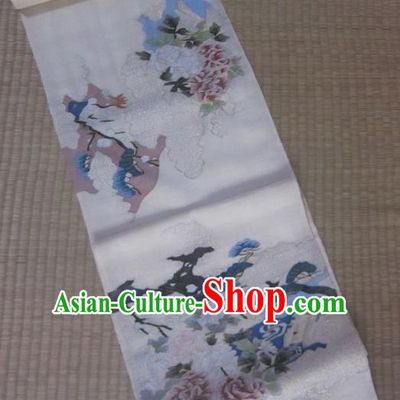 Japanese Traditional Court Yukata Printing Peony White Silk Belts Asian Handmade Japan Geisha Kimono Brocade Waistband for Women