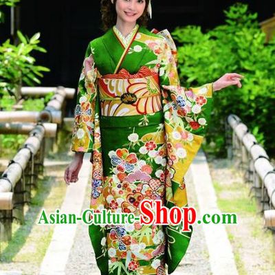 Japanese Traditional Court Green Silk Furisode Kimono Asian Japan Geisha Yukata Dress Costume for Women