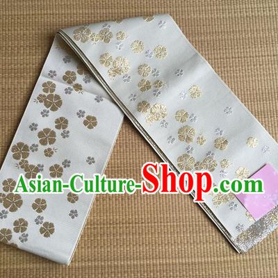 Japanese Traditional Court Yukata Classical Sakura Pattern White Brocade Belts Asian Handmade Japan Geisha Kimono Waistband for Women