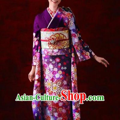 Japanese Traditional Purple Furisode Kimono Asian Japan Costume Geisha Yukata Dress for Women