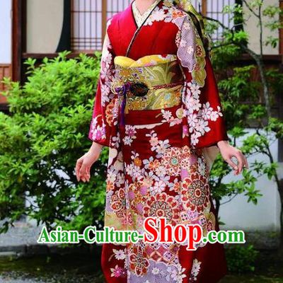 Japanese Traditional Red Furisode Kimono Asian Japan Costume Geisha Yukata Dress for Women