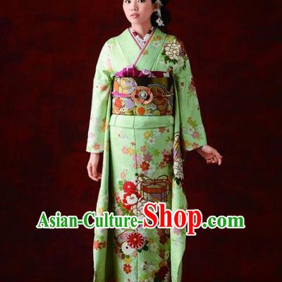 Japanese Traditional Printing Peony Green Furisode Kimono Asian Japan Costume Geisha Yukata Dress for Women