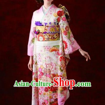 Japanese Traditional Printing Peony Pink Furisode Kimono Asian Japan Costume Geisha Yukata Dress for Women