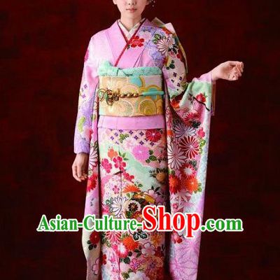 Japanese Traditional Printing Chrysanthemum Pink Furisode Kimono Asian Japan Costume Geisha Yukata Dress for Women