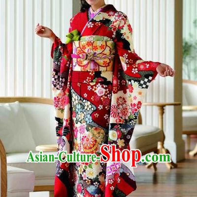 Japanese Traditional Printing Sakura Red Furisode Kimono Asian Japan Costume Geisha Yukata Dress for Women