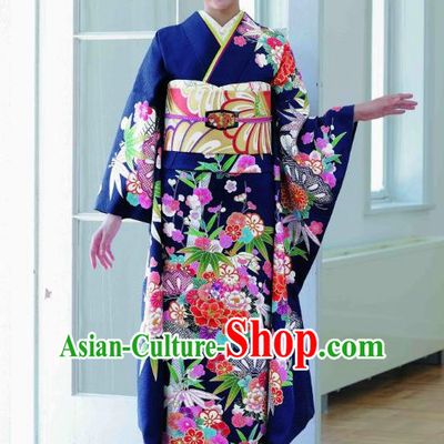 Japanese Traditional Printing Peony Bamboo Navy Furisode Kimono Asian Japan Costume Geisha Yukata Dress for Women