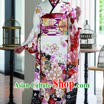 Japanese Traditional Printing Sakura White Furisode Kimono Asian Japan Costume Geisha Yukata Dress for Women