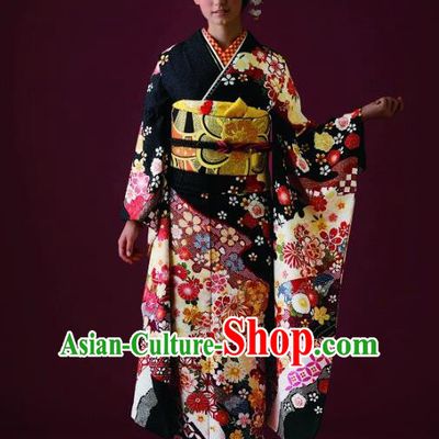 Japanese Traditional Printing Black Furisode Kimono Asian Japan Costume Geisha Yukata Dress for Women