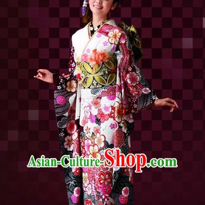 Japanese Traditional Printing Sakura Furisode Kimono Asian Japan Costume Geisha Yukata Dress for Women