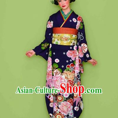 Japanese Traditional Printing Iromuji Navy Furisode Kimono Asian Japan Costume Geisha Yukata Dress for Women