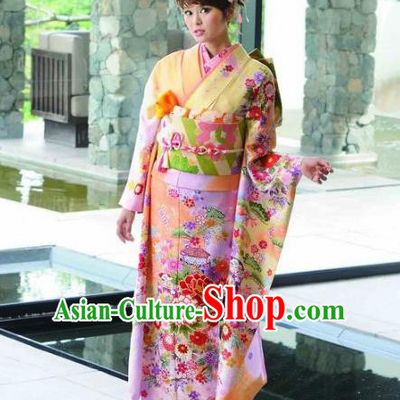 Japanese Traditional Printing Peony Iromuji Yellow Furisode Kimono Asian Japan Costume Geisha Yukata Dress for Women