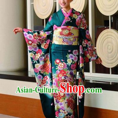 Japanese Traditional Printing Peony Iromuji Deep Green Furisode Kimono Asian Japan Costume Geisha Yukata Dress for Women