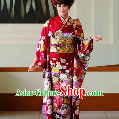 Japanese Traditional Printing Peony Iromuji Red Furisode Kimono Asian Japan Costume Geisha Yukata Dress for Women
