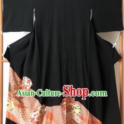 Japanese Traditional Printing Sakura Black Furisode Kimono Asian Japan Costume Geisha Yukata Dress for Women