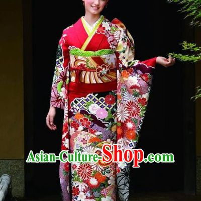 Japanese Traditional Printing Chrysanthemum Iromuji Rosy Furisode Kimono Asian Japan Costume Geisha Yukata Dress for Women