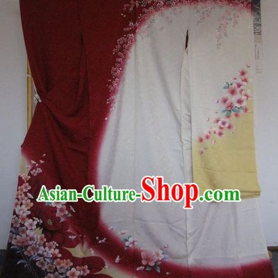 Japanese Traditional Wine Red Silk Furisode Kimono Asian Japan Costume Geisha Yukata Dress for Women