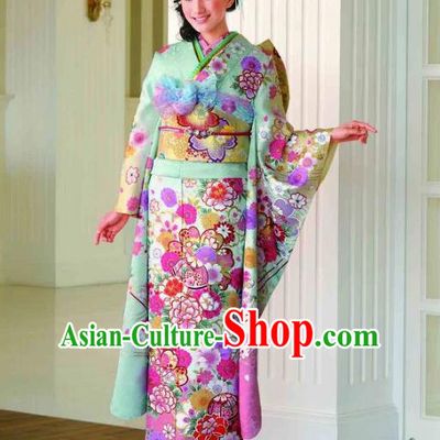 Japanese Traditional Printing Peony Iromuji Light Green Furisode Kimono Asian Japan Costume Geisha Yukata Dress for Women