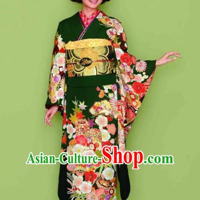 Japanese Traditional Printing Iromuji Atrovirens Furisode Kimono Asian Japan Costume Geisha Yukata Dress for Women