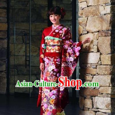 Japanese Traditional Printing Iromuji Red Furisode Kimono Asian Japan Costume Geisha Yukata Dress for Women