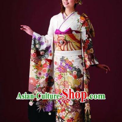 Japanese Traditional Printing Iromuji White Furisode Kimono Asian Japan Costume Geisha Yukata Dress for Women