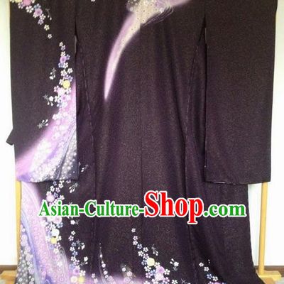 Japanese Traditional Printing Black Furisode Kimono Asian Japan Costume Geisha Yukata Dress for Women