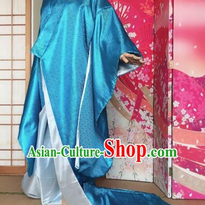 Japanese Traditional Courtesan Blue Furisode Kimono Asian Japan Costume Geisha Yukata Dress for Women