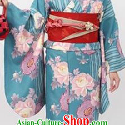 Japanese Traditional Printing Peony Green Kimono Asian Japan Costume Geisha Yukata Dress for Women