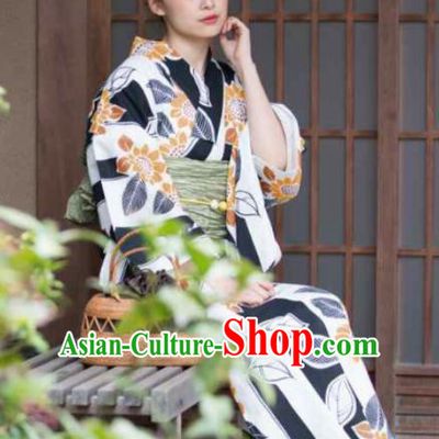Japanese Traditional Printing Sunflower Kimono Asian Japan Costume Geisha Yukata Dress for Women