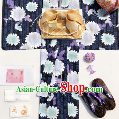 Traditional Japanese Classical Printing Chrysanthemum Navy Kimono Asian Japan Costume Geisha Yukata Dress for Women