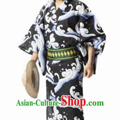 Traditional Japanese Samurai Printing Waves Kimono Asian Japan Handmade Warrior Yukata Costume for Men