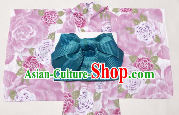 Traditional Japanese Classical Printing Peony Pink Formal Kimono Asian Japan Costume Geisha Yukata Dress for Women