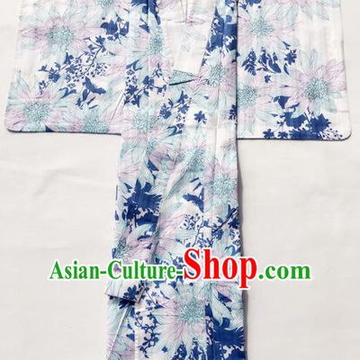 Traditional Japanese Classical Printing Dahlia White Kimono Asian Japan Costume Geisha Yukata Dress for Women