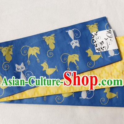 Japanese Traditional Double Side Cats Pattern Blue Yukata Waistband Asian Japan Handmade Kimono Belts for Women