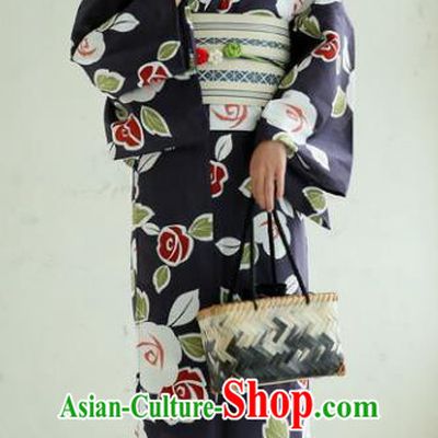 Japanese Classical Printing Roses Black Kimono Asian Japan Traditional Costume Geisha Yukata Dress for Women