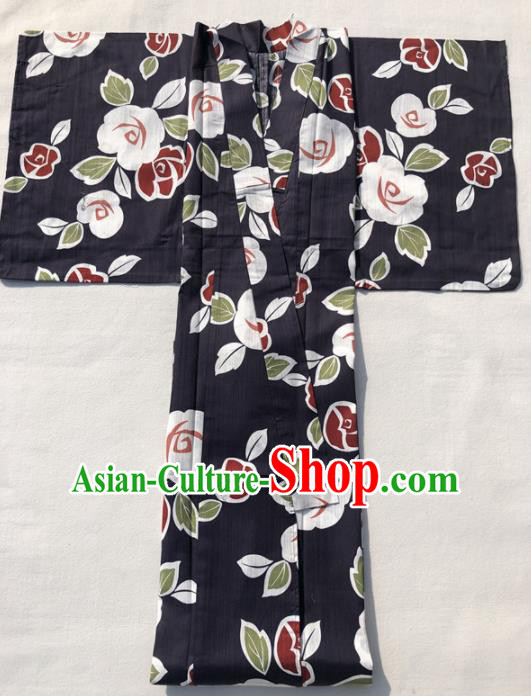 Japanese Classical Printing Roses Black Kimono Asian Japan Traditional Costume Geisha Yukata Dress for Women