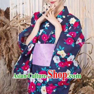 Japanese Traditional Classical Printing Deep Purple Kimono Asian Japan Costume Geisha Yukata Dress for Women