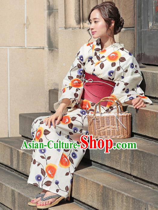 Traditional Japanese Classical Printing Camellia White Kimono Asian Japan Costume Geisha Yukata Dress for Women Traditional Japanese Classical Printing Camellia White Kimono Asian Japan Costume Geisha Yukata Dress for Women