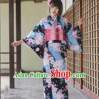 Japanese Classical Printing Sakura Kimono Asian Traditional Japan Costume Geisha Yukata Dress Complete Set for Women
