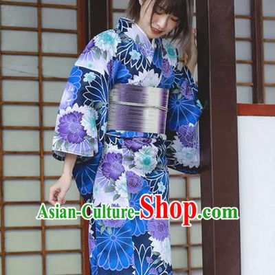 Japanese Classical Printing Flowers Blue Kimono Asian Traditional Japan Costume Geisha Yukata Dress Complete Set for Women