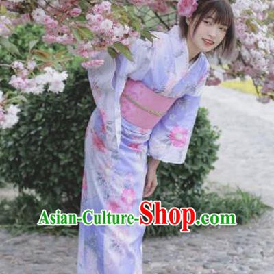 Japanese Classical Printing Flowers Light Purple Kimono Asian Traditional Japan Costume Geisha Yukata Dress Complete Set for Women