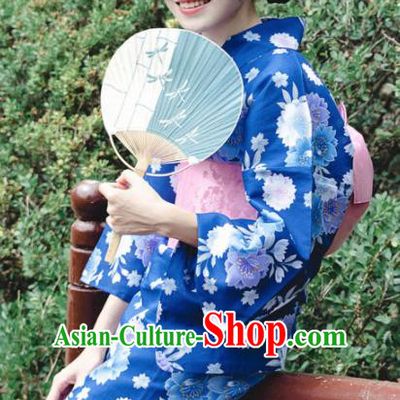Japanese Classical Printing Flowers Blue Kimono Asian Traditional Japan Costume Geisha Yukata Dress Complete Set for Women