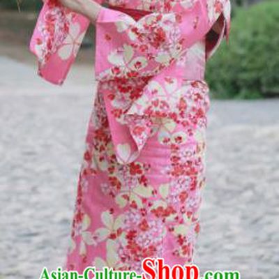 Japanese Classical Printing Sakura Pink Kimono Asian Traditional Japan Costume Geisha Yukata Dress Complete Set for Women